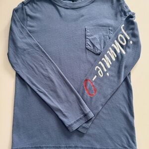 Iconic Johnnie-O Blue Long-Sleeve Pocket Tee with sleeve script and surf logo